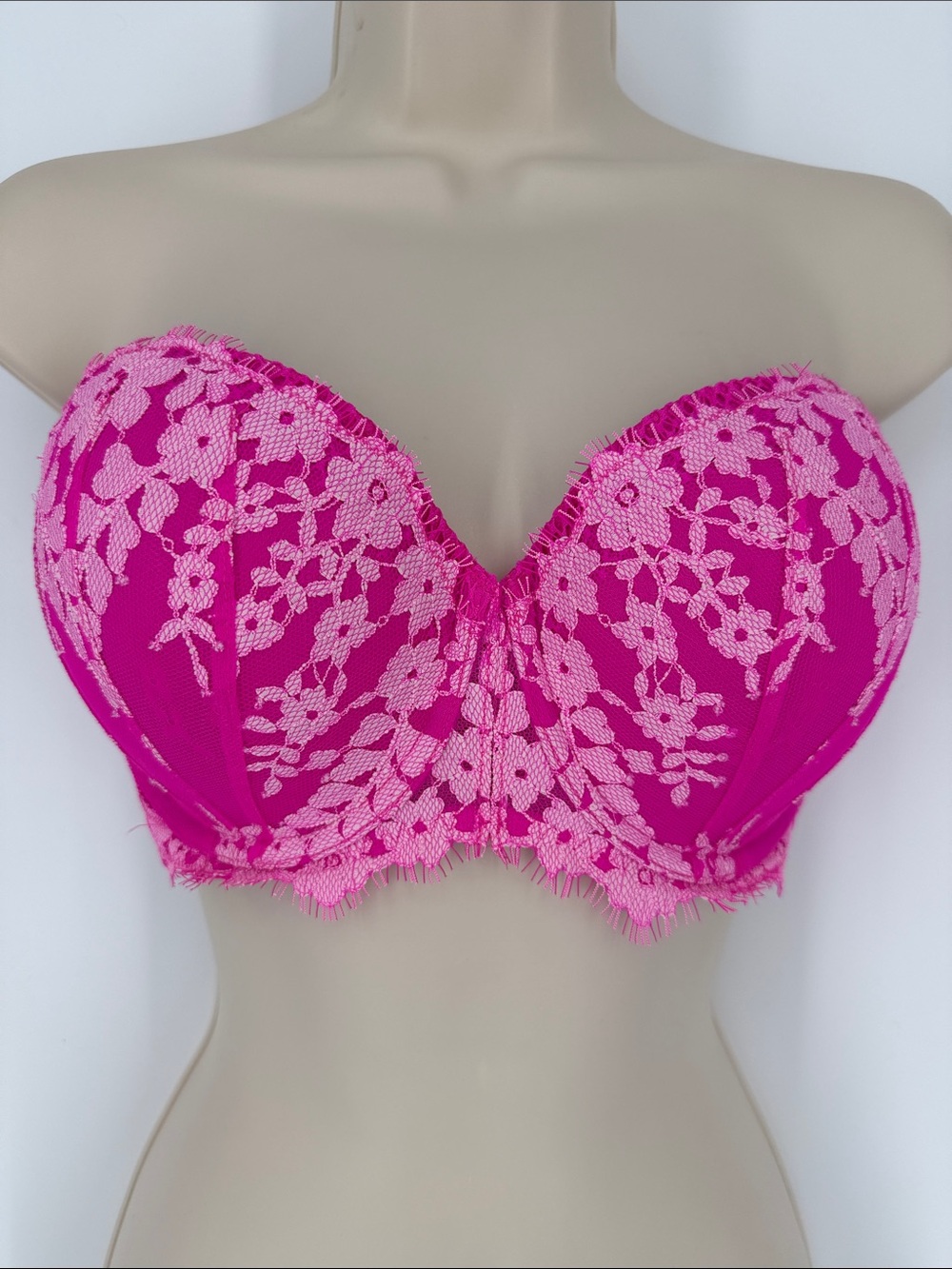 Victoria's Secret Strapless Floral Lace Bandeau in Bright Pink